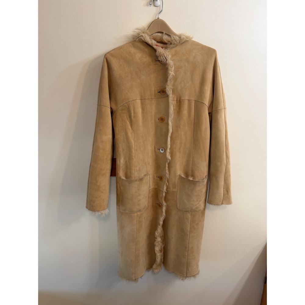 Sundance Catalog Archival M Tan Suede Leather Shearling Fur Long Coat Boho - Picture 3 of 11